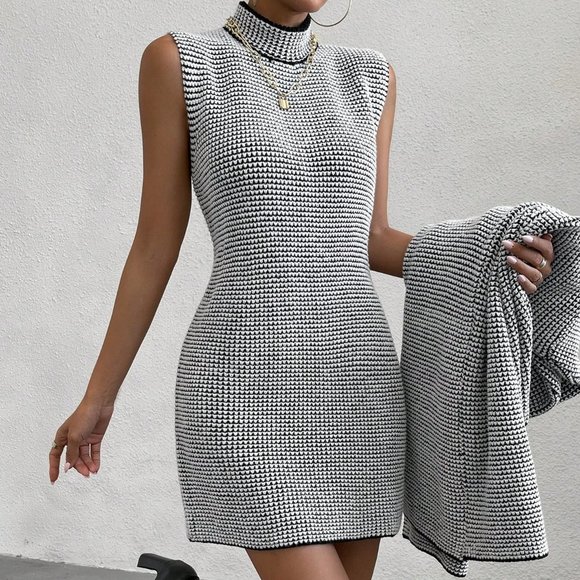 Black & White Preppy Womens Turtleneck Drop Shoulder Cardigan & Sweater Dress - Picture 5 of 5